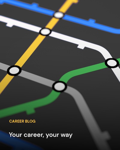Close-up of a subway map. Overlay text: “Career Blog: Your career, your way”