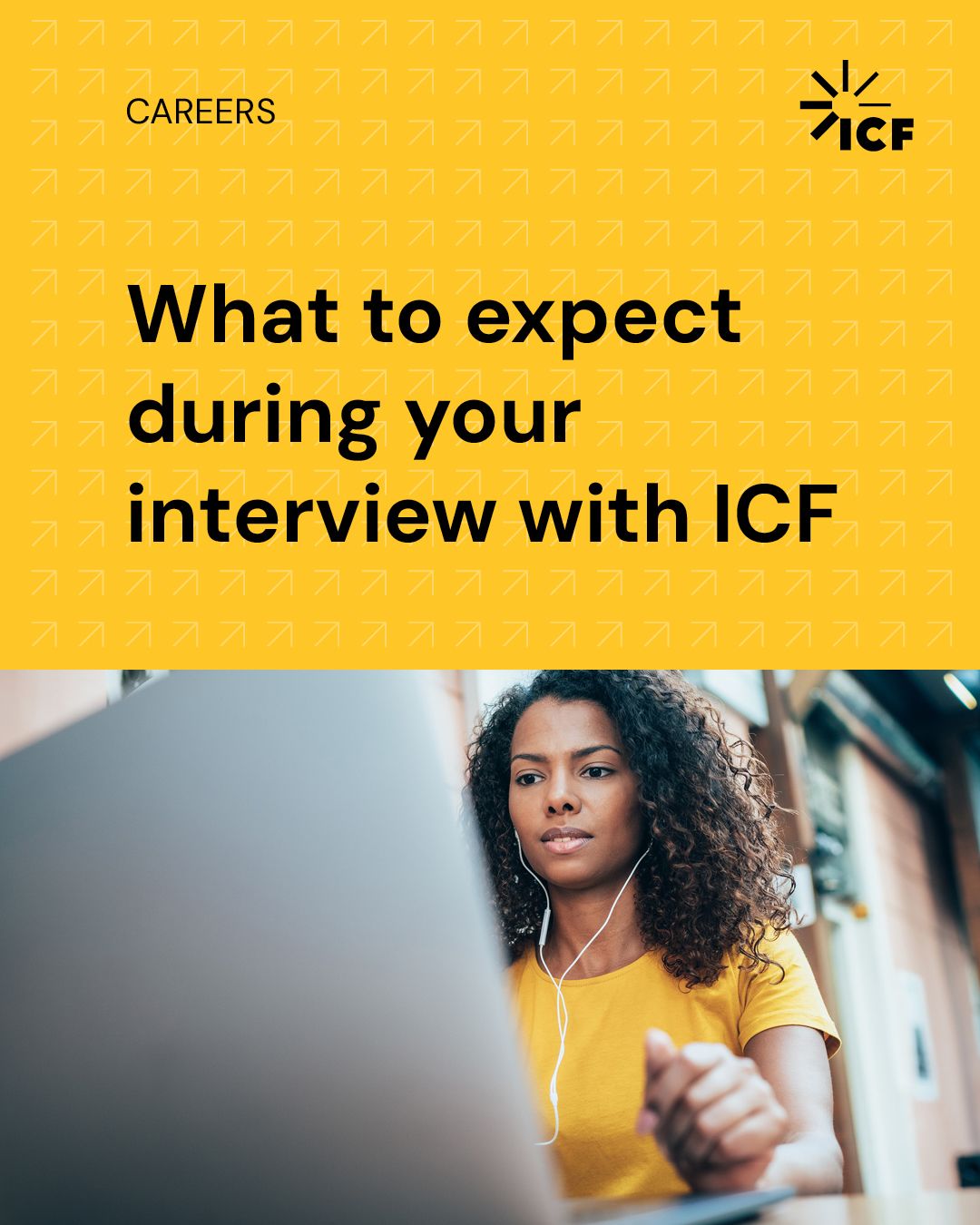ICF careers graphic featuring the headline "What to expect during your interview with ICF" above a woman participating in a virtual interview on a laptop.