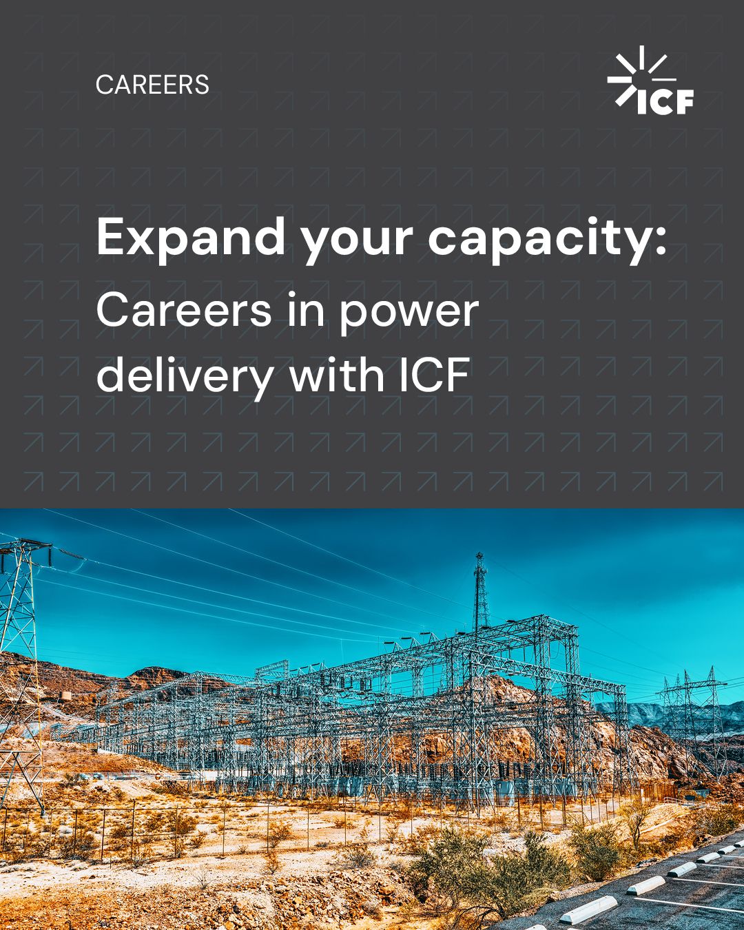 Electrical substation and transmission lines in a desert landscape, with text: “Expand your capacity: Careers in power delivery with ICF.”