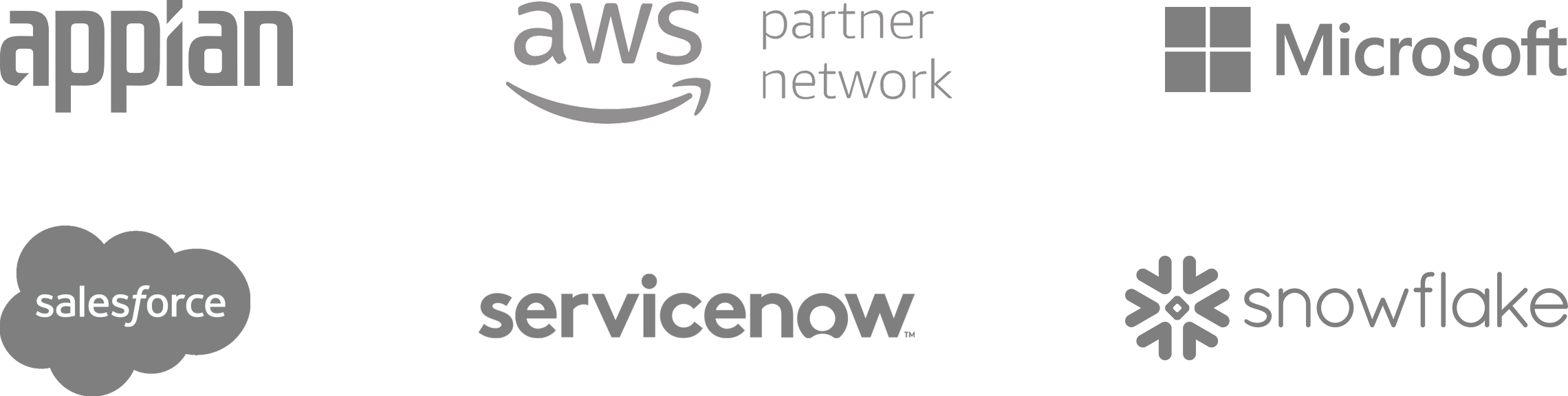 Large image comprising of six logos - Appian, AWS partner network, Microsoft, Salesforce, Servicenow, and Snowflake