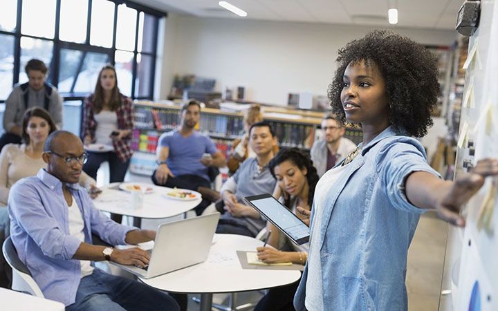 woman at whiteboard leading planning meeting