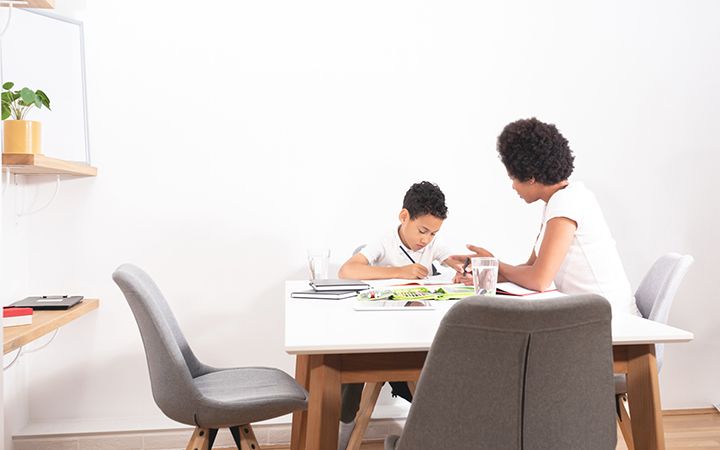 Mother teaching her son at home