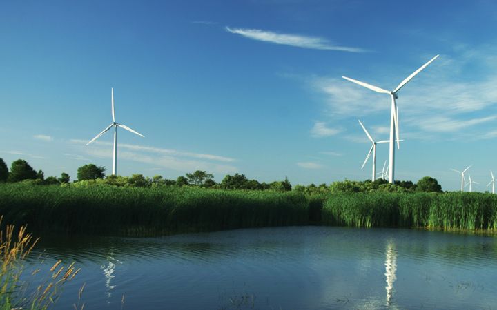 Body of water and wind turbines
