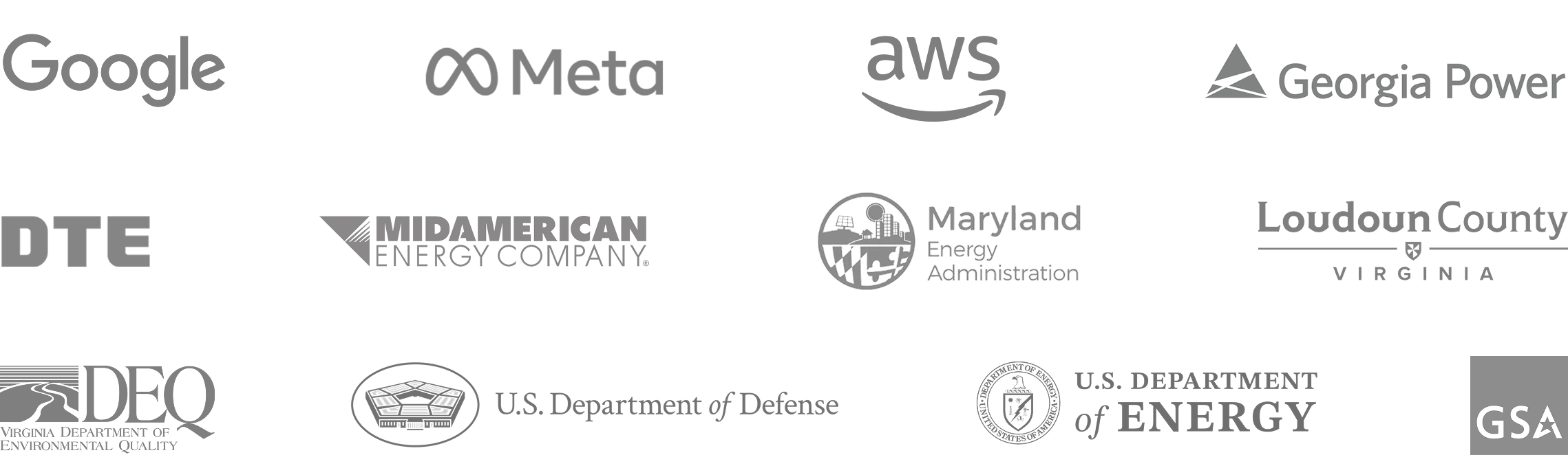 A listing of client logos including Google, Meta, AWS, Georgia Power, DTE, MidAmerican Energy Company, Maryland Energy Administration, Loudoun County Virginia, Virginia Department of Environmental Quality, U.S. Department of Defense, U.S. Department of Energy, and GSA