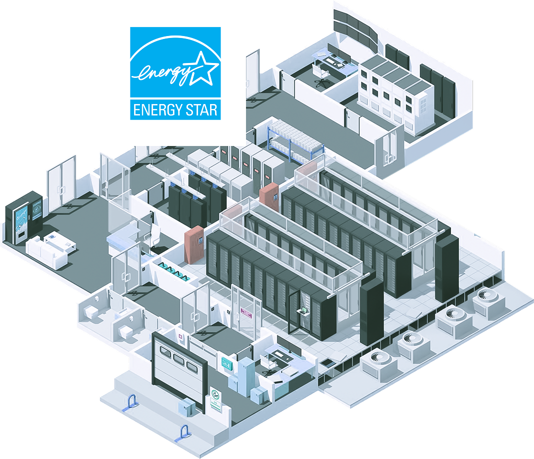 An Energy Star logo is layered above an isometric perspective drawing of an office building's internal layout.