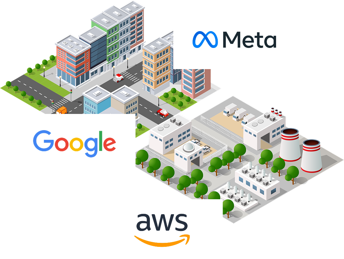 Google, Meta, and AWS logos are layered above an isometric perspective drawing of a modern city.