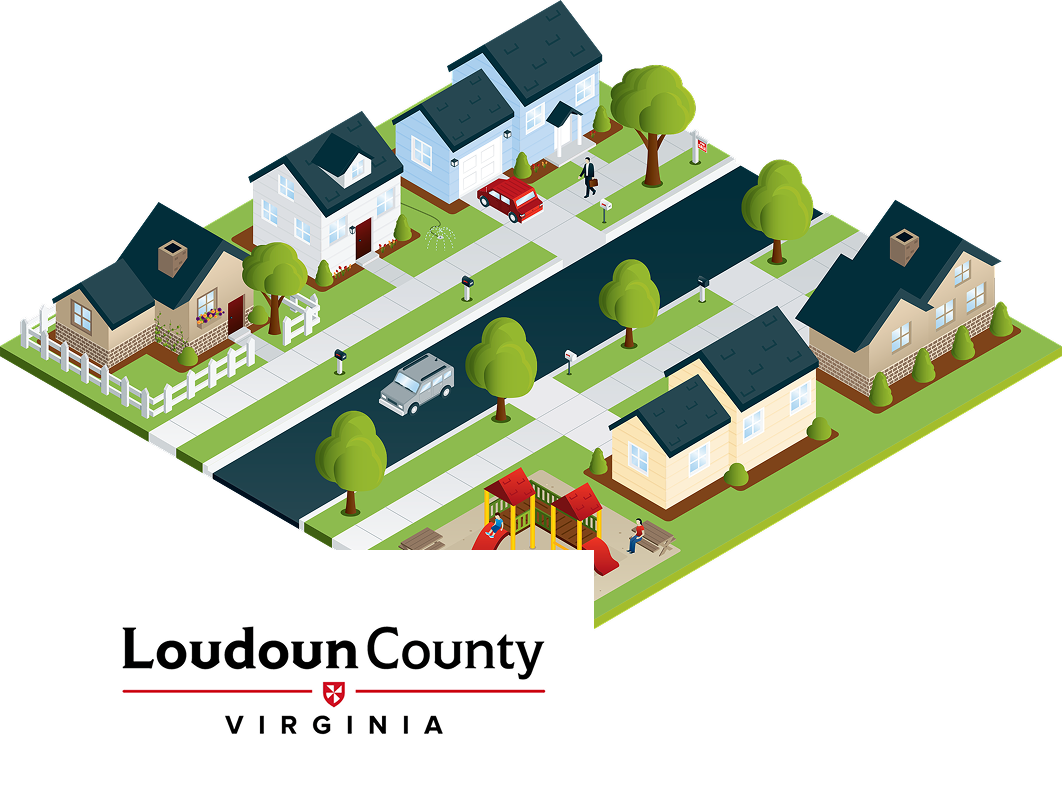 The Loudoun County Virginia logo is layered above an isometric perspective drawing of a suburban neighborhood.