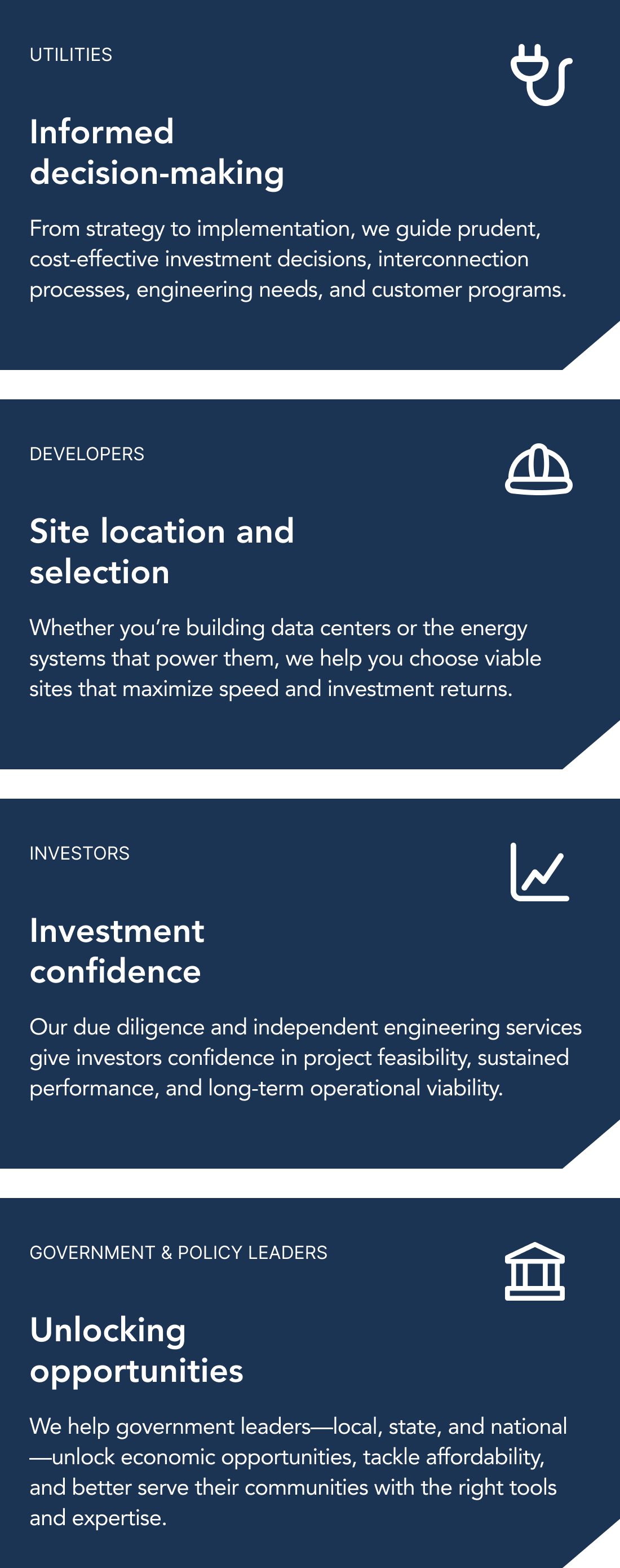 Card 1 - Utilities - Informed decision making. From strategy to implementation, we guide prudent, cost-effective investment decisions, interconnection processes, engineering needs, and customer programs. Card 2 - Developers - Site location and selection. Whether you're building data centers or the energy systems that power them, we help you choose viable sites that maximize speed and investment returns. Card 3 - Investors - Investment confidence. Our due diligence and independent engineering services give investors confidence in project feasibility, sustained performance, and long-term operational viability. Card 4 - Government and policy leaders - Unlocking opportunities. We help government leaders (local, state, and national) unlock economic opportunities, tackle affordability, and better serve their communities with the right tools and expertise.