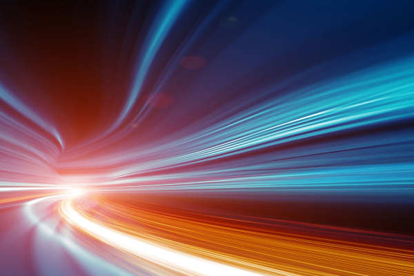 Blue and orange lines of light bend to create a unique curve.