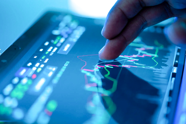 Two fingers interact with a data visualization displayed on a tablet screen.