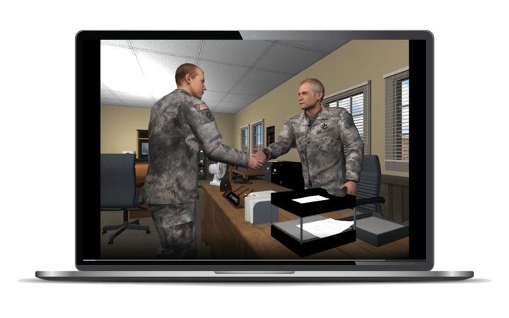 Two military officers shaking hands shown on a monitor