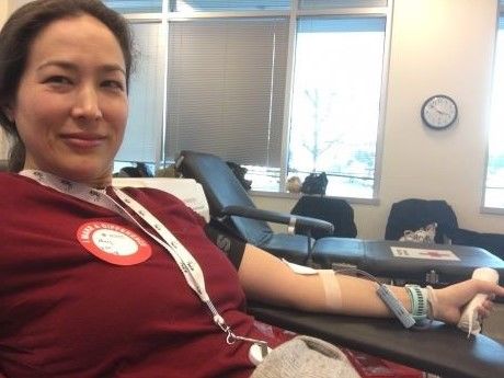 Mary Sanders donating blood