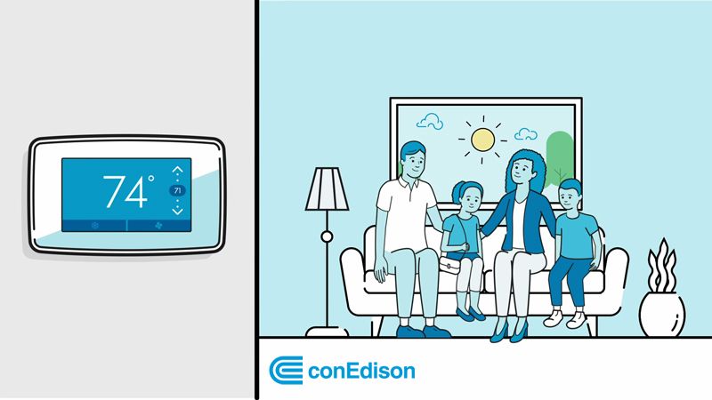 Animated graphic of family sitting on couch near thermostat