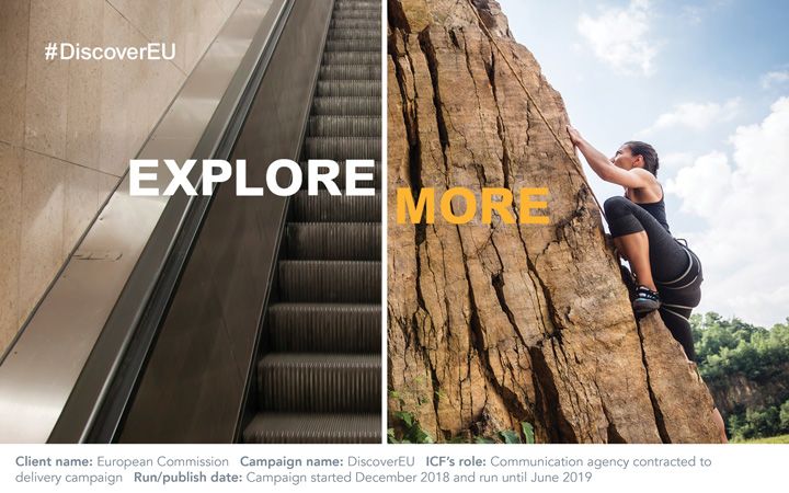 Image on the left of an escalator going up next to an image on the right of a female rock climbing with the words "Explore More" across both