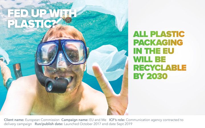 Young male swimming with snorkel, holding up the peace sign. Text on the image reads "Fed up with plastic" and "All plastic packaging in the EU will be recyclable by 2030"