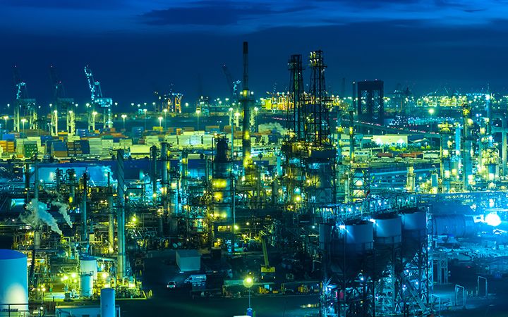 Aerial view of oil refinery in Port of LA