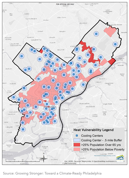 Proximity of cooling centers in the City of Philadelphia in 2015 compared with locations of potentially vulnerable populations