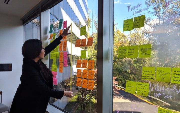Colleague working on sprint planning using sticky notes on window