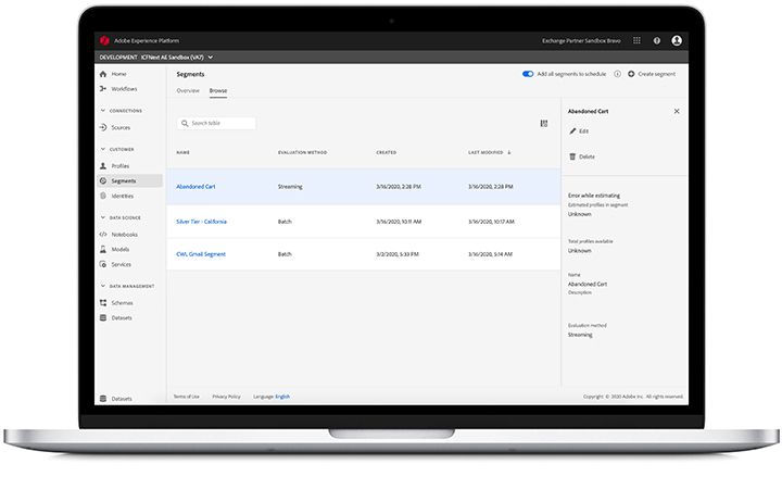 AEP and Tally platform screenshot cart segments